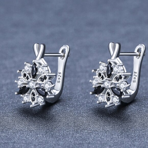 Black & Silver Flower Hoop Earrings - Picture 4 of 5